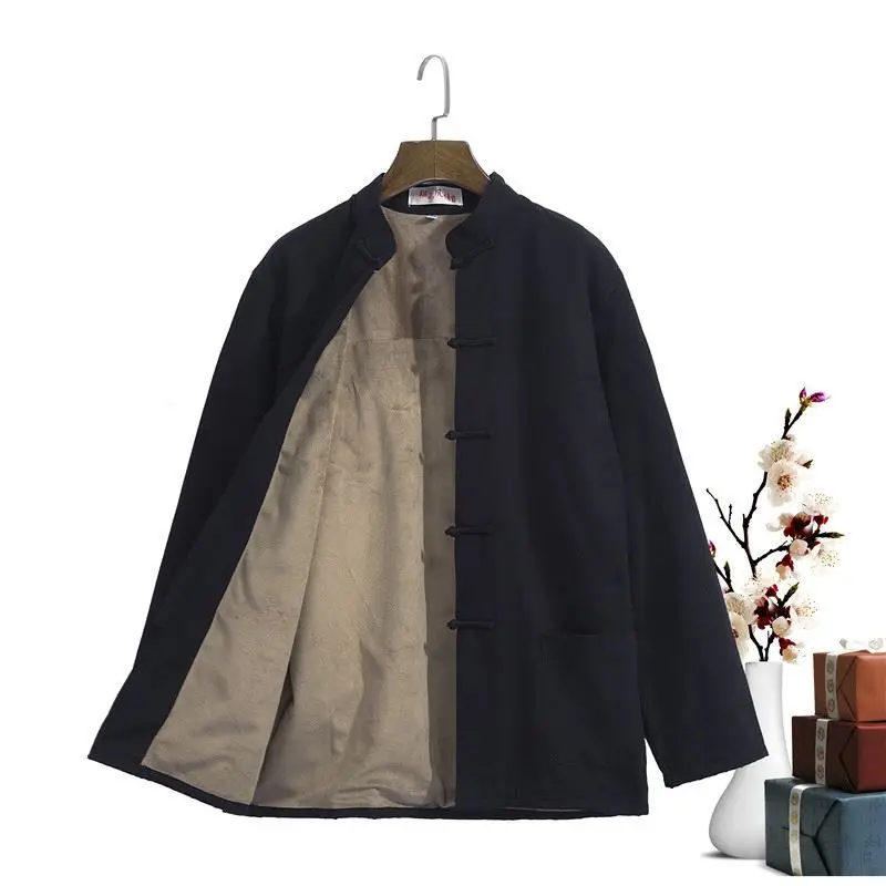 

Winter New Style Black Thick Kung Fu Shirts Mandarin Collar Chinese Loose Tai Chi Top Hot Sale Cotton Clothing M-4XL
