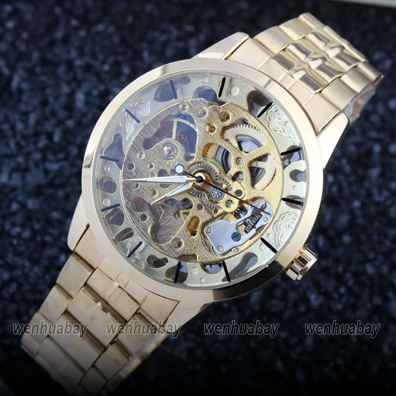 

Golden Mens Automatic Mechanical Hollow Skeleton Stainless Steel Business Analog Hand-winding Causal Wrist Watch Men Gifts