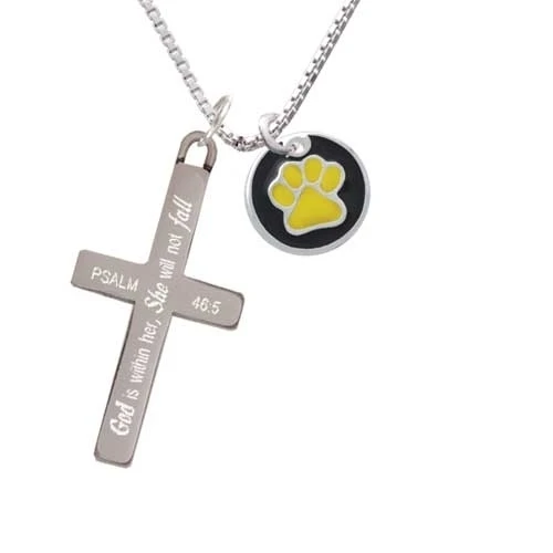 Yellow Paw on Black Disc - She will not Fall - Cross Necklace (1)