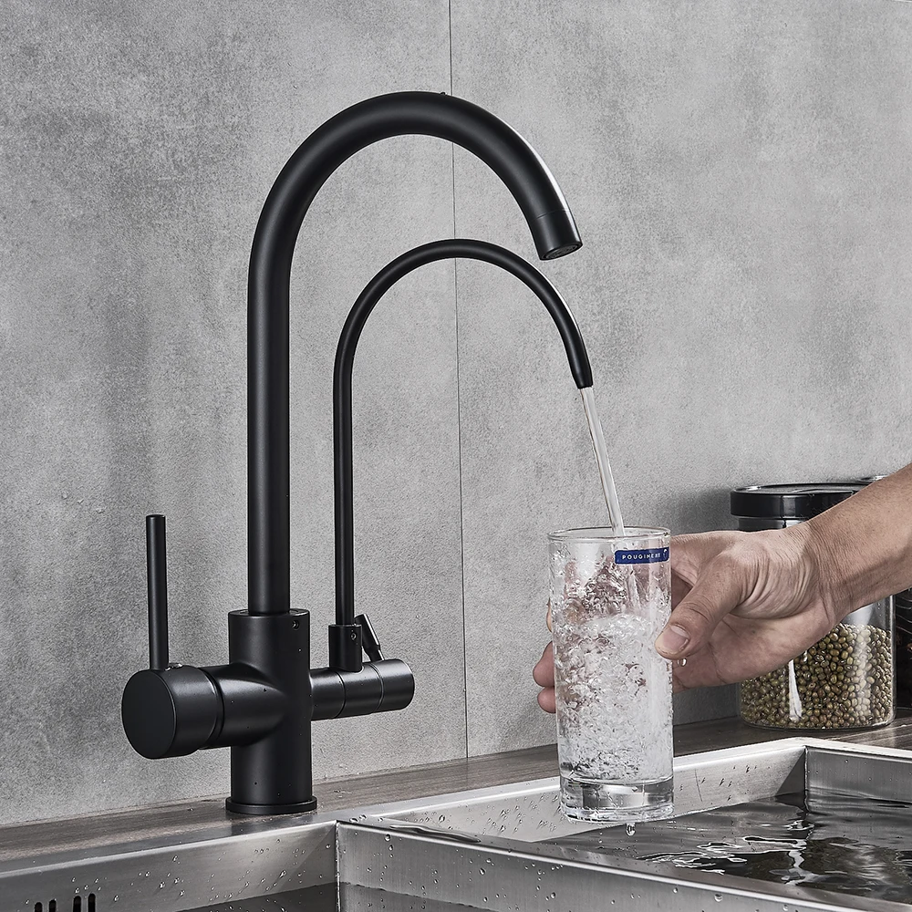 

Waterfilter taps Black Kitchen faucets Dual Spout Deck Mounted Mixer Tap 360 Degree Rotation Water Purification Feature Crane