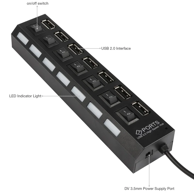YUNCLOUD USB разветвитель 7 портов концентратор 2,0 USB вкл/выкл высокоскоростной портативный мульти-USB адаптер для ноутбука компьютер ноутбук аксессуары