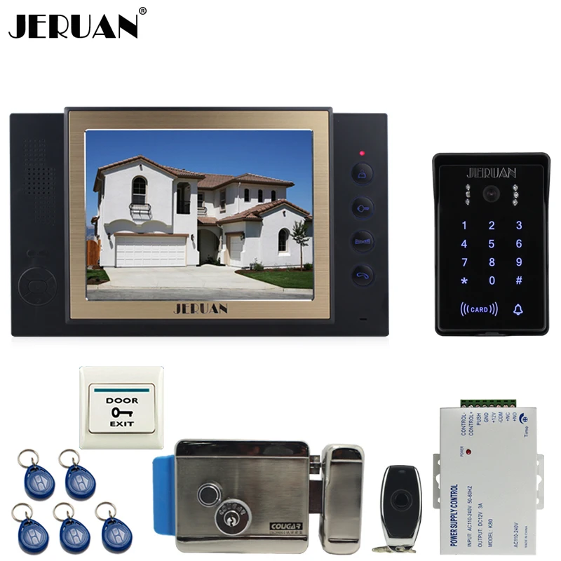 JERUAN 8 inch TFT video door phone Record intercom system New RFID waterproof Touch Key password keypad Camera 8G SD Card E-lock