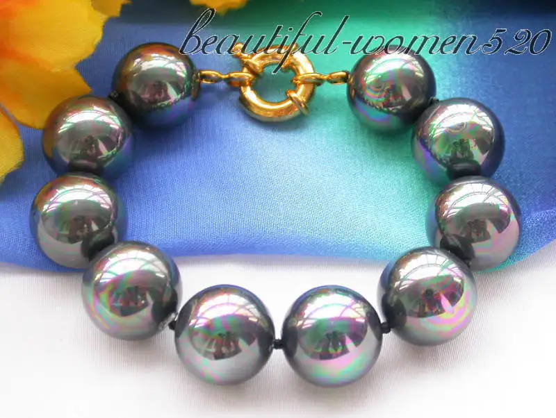 

Z3614 8" 16mm peacock black round south sea shell pearl bracelet