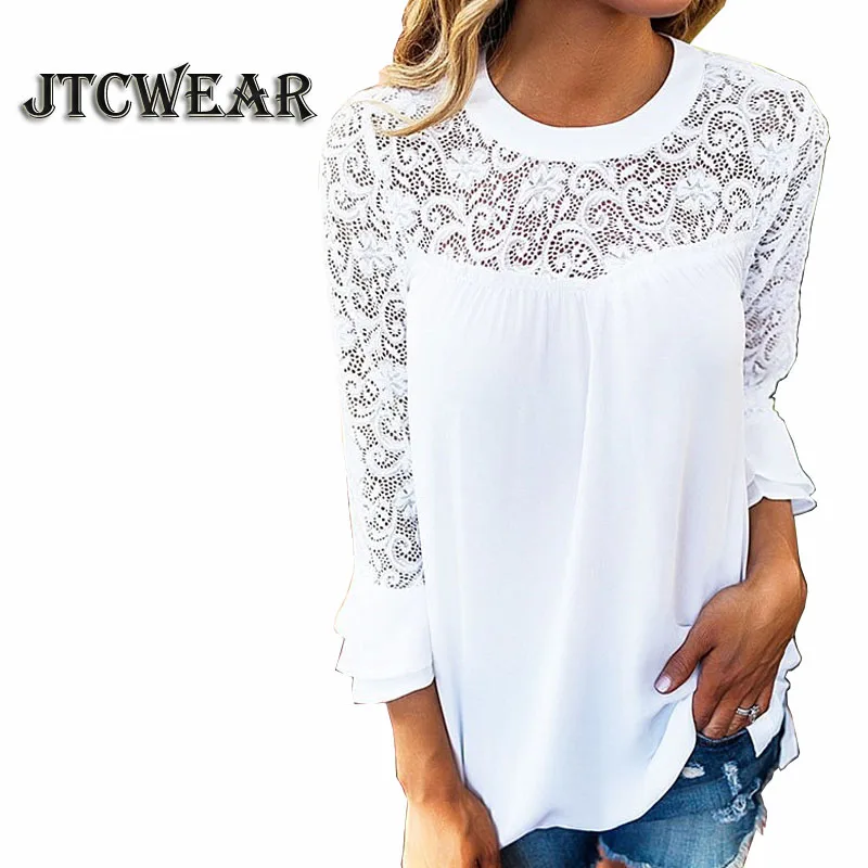 JTCWEAR прозрачный L3/4 рукавами кружевные женские футболки с круглым вырезом вспышек