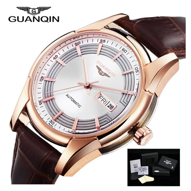 

Fashion Casual Watch Leather GUANQIN Men WatcheTop Brand Luxury Men Date Week Leather Band Automatic Self-Wind Sport Watches