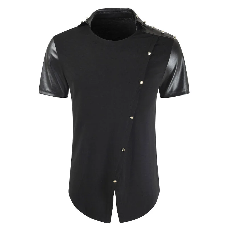 Men irregular design leather patchwork hip hop long t shirt black color short sleeve tee shirts man nightclub punk stage tshirt | Мужская