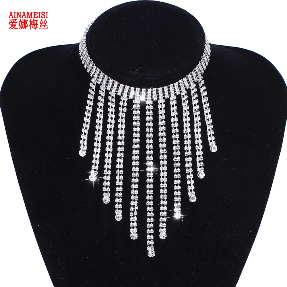 

AINAMEISI Fashion Wedding Bridal Rhinestone Neck Tie Necklaces Silver Color Long Necklace Chain Choker Collar Women Jewelry