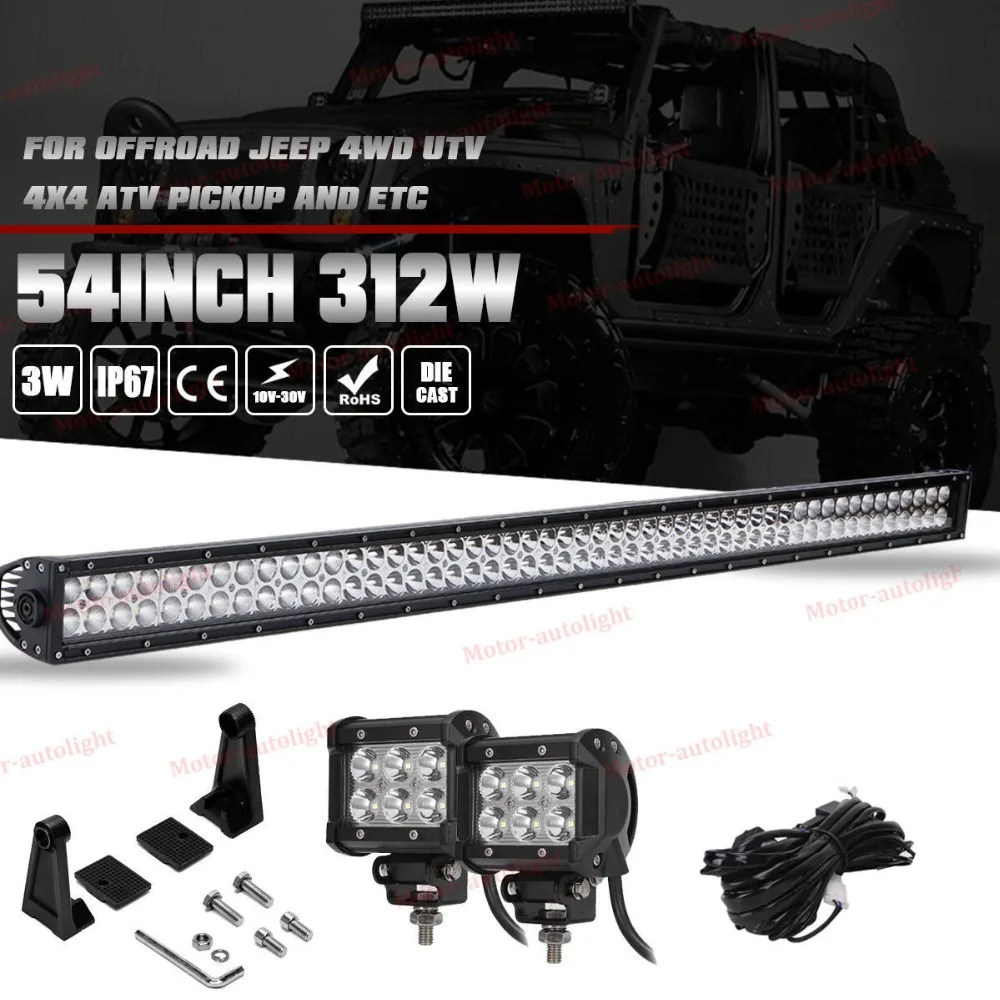 

54inch Led Light Bar Flood Spot Combo + 2x 4" Pods Offroad Truck Driving Lamp 4WD UTE PK ATV SUV