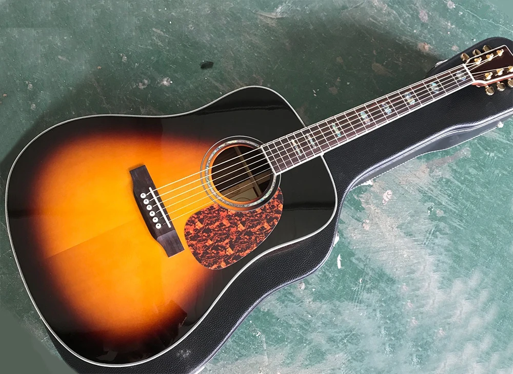 

Factory Custom 41" Solid Top Tobacco Sunburst Acoustic Guitar with Red Pickguard,Rosewood FretboardAbalone Inlay