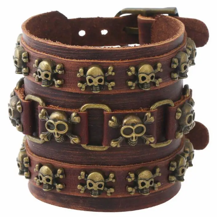 

Gothic Punk Vintage Hiphop Skull Rivet Bead Bracelet Brown Pirate Skeleton Charm Wide Leather Bangle Belt Wristbands Accessories