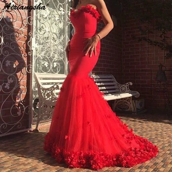 

Red Special occasions Evening Dresses 2019 Long Saudi Arabia Elegant sweetheat Long Mermaid with Flowers Formal Gown
