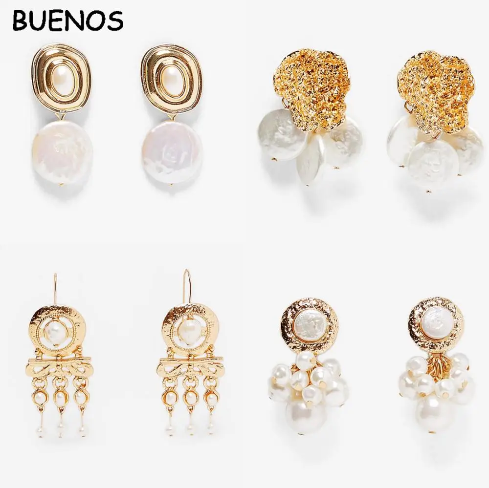 

BUENOS 2019 Fashion Statement ZA Jewelry Imitation Pearl Oval Gold Dangle Earrings For Women Geometry Vintage Earrings CE0573