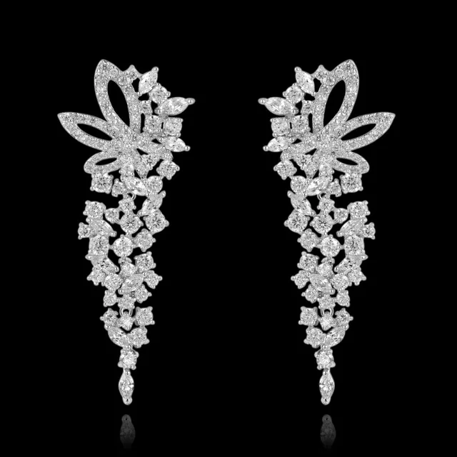 New Trendy 4 Color Luxury White Gold Plated Elegant Female Long New Trendy 4 Color Luxury White Gold Plated Elegant Female Long Flower Diamond Earrings Cubic Zirconia