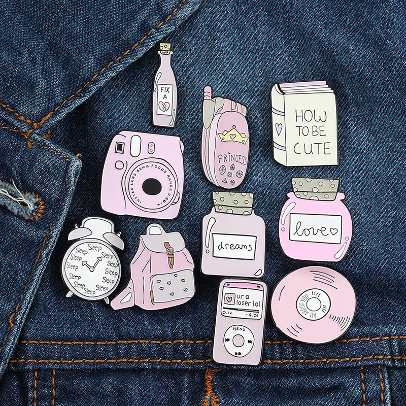 

Cute Backpack Camera CD Book enamel pin Badge Brooch Pink series dress Lapel badge Girl backpack Jewelry Child Gift