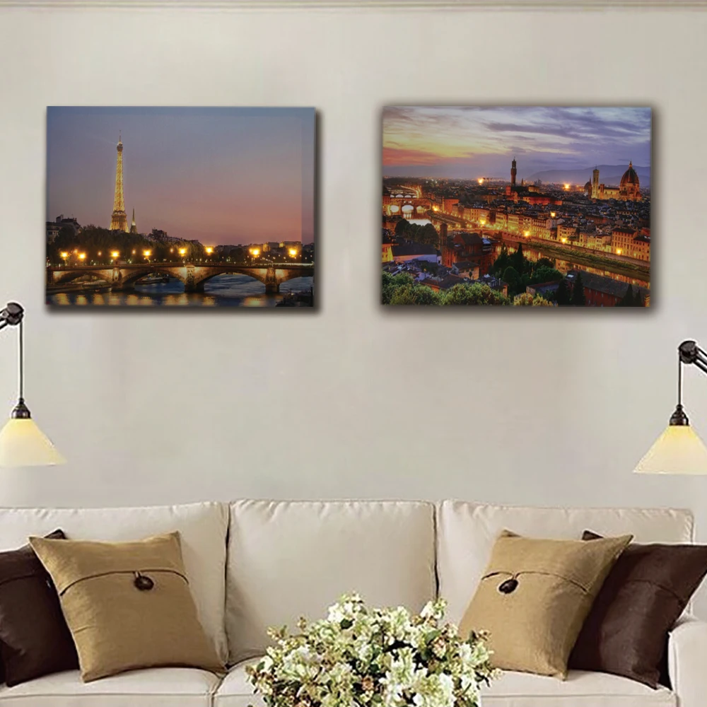 EiffelTower river Seine night with Roma City ночная Настенная картина СВЕТОДИОДНЫЙ холст