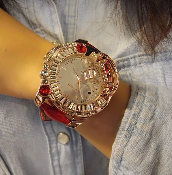 Модные роскошные женские часы Кристалл Стразы дамские часы с бриллиантами большой циферблат натуральная кожа ремешок часы браслет Наручные часы