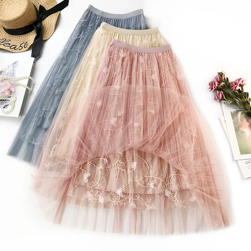 Ladies 3 D Embroidery Mesh Skirt Female Spring and Summer Long Fairy Skirt Elastic Wasit A Line Flower Embroidered Women Skirts Ladies 3 D Embroidery Mesh Skirt Female Spring and Summer Long Fairy Skirt Elastic Wasit A Line Flower Embroidered Women Skirts