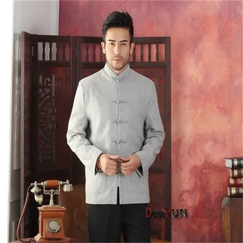 

Fashion Gray Men's Long sleeve Chinese style Wool Jacket Kung Fu Coat Solid Simple Style Tang Suit Size S M L XL XXL XXXL