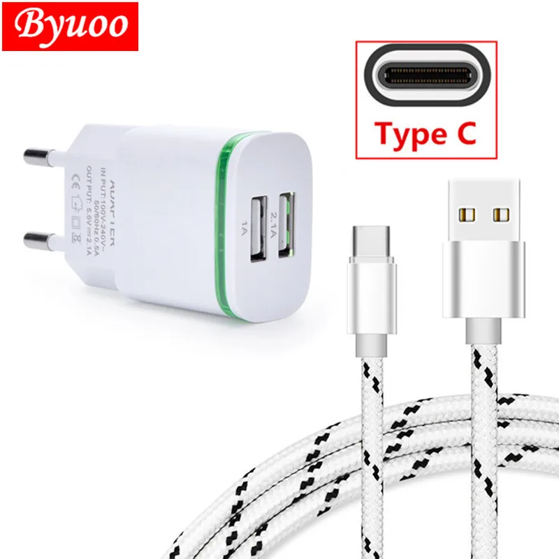 EU Wall 2 USB зарядное устройство и нейлоновая металлическая вилка 1 м Type C для huawei p20 honor