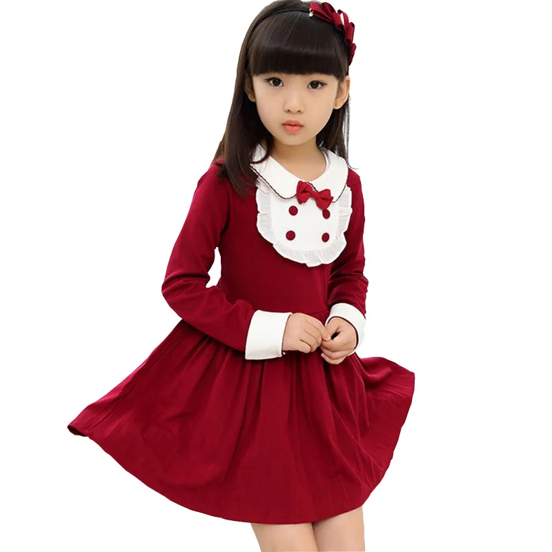 2016 girls new spring autumn Long Sleeved sweet dress Turn Down collar patchwork children frilly princess