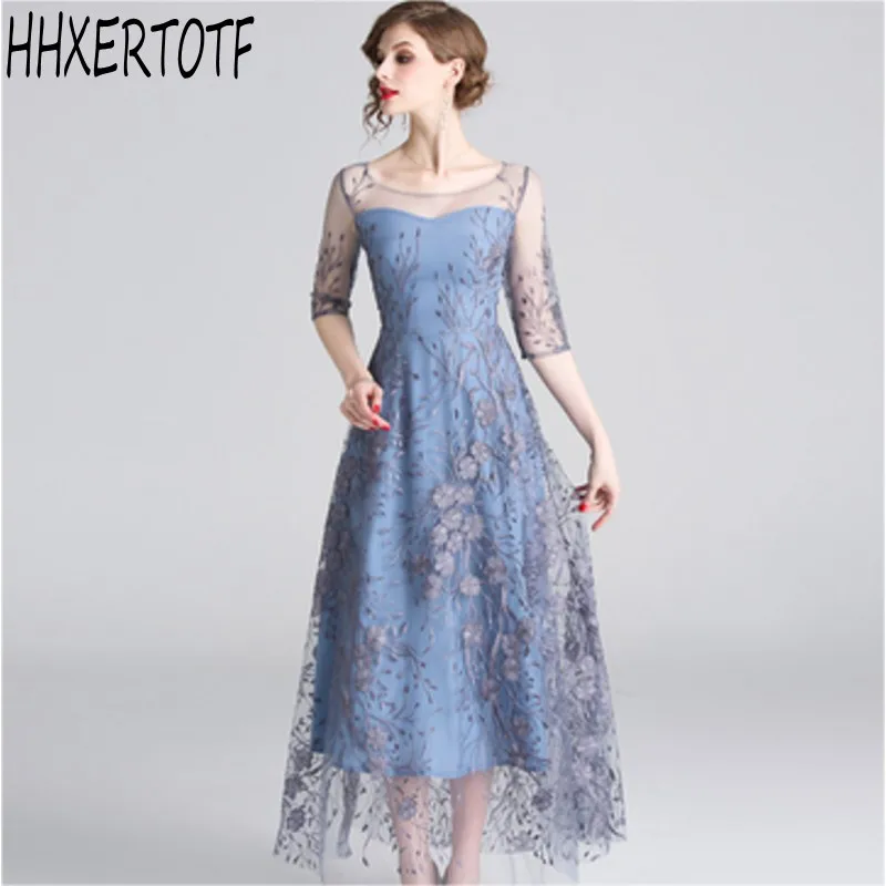 

2019 spring summer Women Floral Mesh Lace Embroidered Sexy Party Dress New Fashion Lady Office Slim Elegant Dress