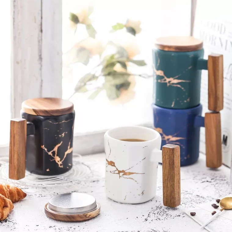 

370ml marble with gold inlay ceramic coffee mugs with wood lid and wood handle matte finish office drinking milk mugs cups gifts
