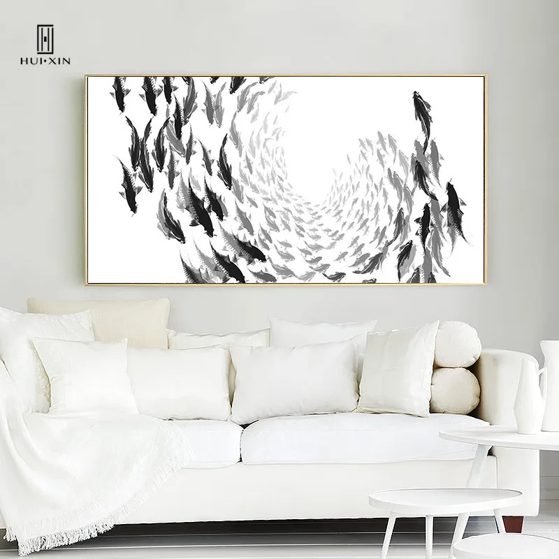 HD Painting with Chinese Waterink Style Fish in Incomplete Circle Expressing Ancient Eastern Wisdom Modern Minimalism for Decor