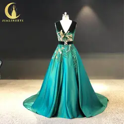 JIALINZEYI реального образца зеленый бархат и атлас с золотым бисером модные торжественное платье для вечерние платья