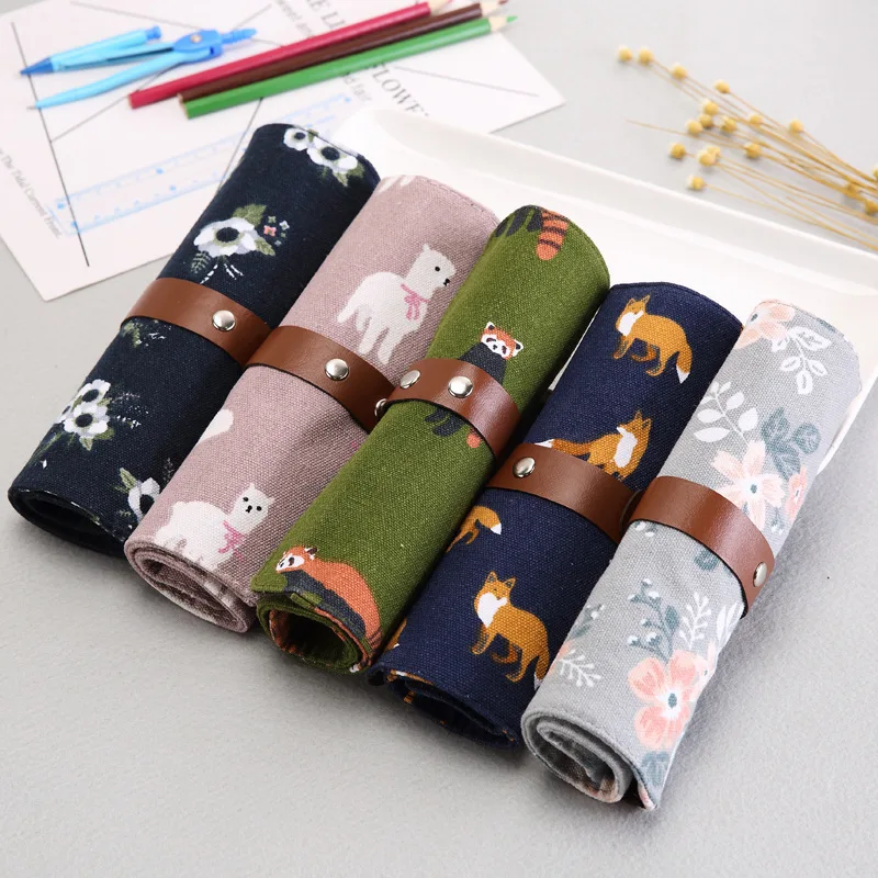 

2018 Fox Raccoon Alpaca Animal Flowers Canvas Roll Pencil Bag Stationery Storage Organizer School Office Supply Escolar