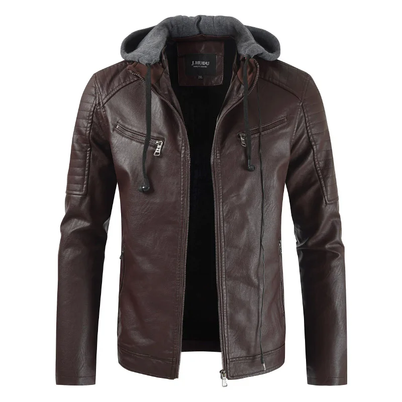 Loldeal Men's Faux Leather Jacket with Hood Motorcycle Leather Hoodie