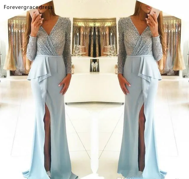 

2019 Sky Blue Evening Dresses High Quality V Neck Long Sleeves Formal Godmother Party Guests Gown Plus Size