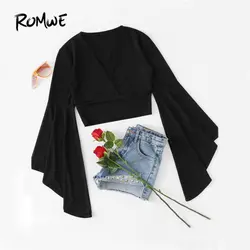 ROMWE/черная футболка с v-образным вырезом и оборками на рукавах 2019 женская одежда осенний Топ Женская модная футболка с длинными рукавами