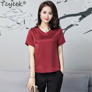 

Tcyeek Plus Size Womens Tops and Blouses Real Silk Shirts Short Sleeve Blouse Ladies Office Wear Roupa Feminina 2020 LWL1577