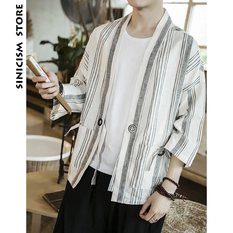 

Sinicism Store Mens Cotton Linen Shirts Man Summer Striped Kimono Shirts Male Three Quarter Sleeve Open Stitch Casual Shirt 2019
