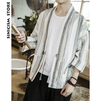 

Sinicism Store Mens Cotton Linen Shirts Man Summer Striped Kimono Shirts Male Three Quarter Sleeve Open Stitch Casual Shirt 2020
