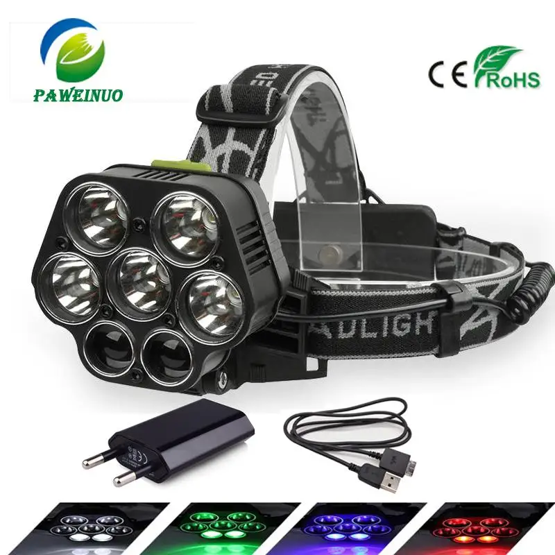 cheap 7 LED xml t6 led headlamp usb charge 18650 headlight high power head torch flashlight lamp Fishing light blue with power display