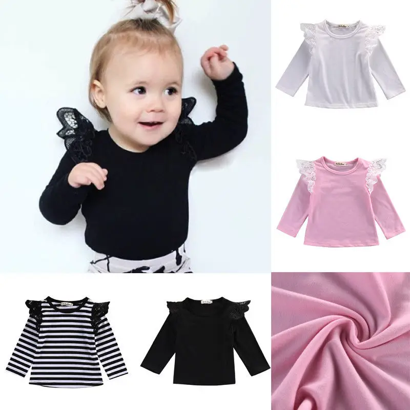 Повседневная одежда для новорожденных и маленьких девочек футболки с длинными рукавами и кружевными оборками, блузка осенне-весенняя одежда топы на возраст от 0 до 24 месяцев