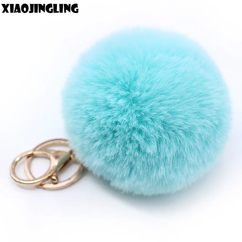 XIAOJINGLING Light Blue Fluffy Fur Ball Keychain Charm Women Girl ...