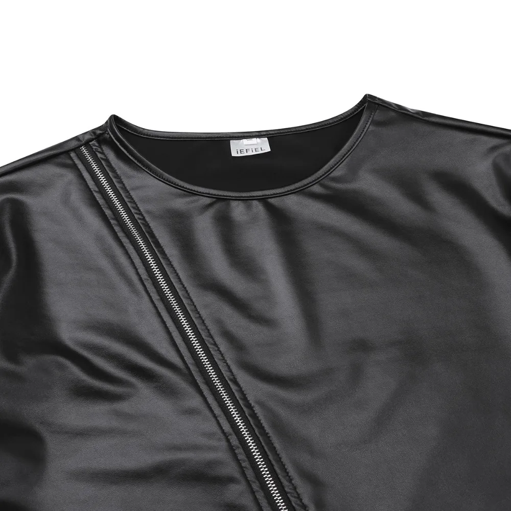 IEFiEL Новинка модная черная Мужская Клубная одежда из искусственной кожи с длинным рукавом на молнии с неровным подолом хип-хоп футболка Топы мужские вечерние футболки