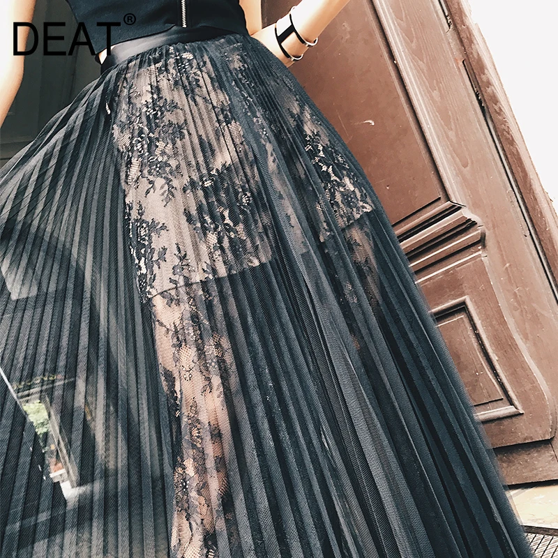 

DEAT 2019 New Summer Fashion Women Clothing Casual Pleated Loose Ankle-length Lace Splicing Skirt Female Vestido ZA35401