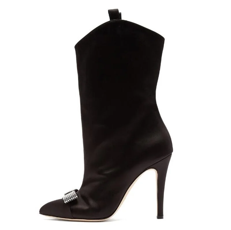 

2019 Fashion Red Pink Black Pointed Toe Cloth Short Boots Crystal Butterfly Stiletto High Heels Party Dress Shoes Big Size 44