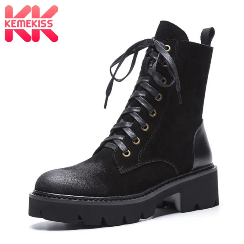 

KemeKiss Ankle Boots Women Real Leat Lace Up Casual Flats Boots High Quality Zipper Winter Warm Knight Footwear Size 34-39