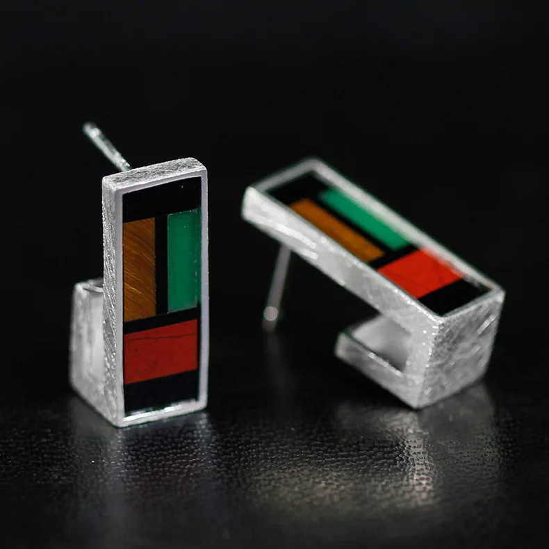 INATURE Mondrian стильные 925 пробы серебряные модные простые серьги-гвоздики с драгоценным камнем для женщин ювелирные изделия