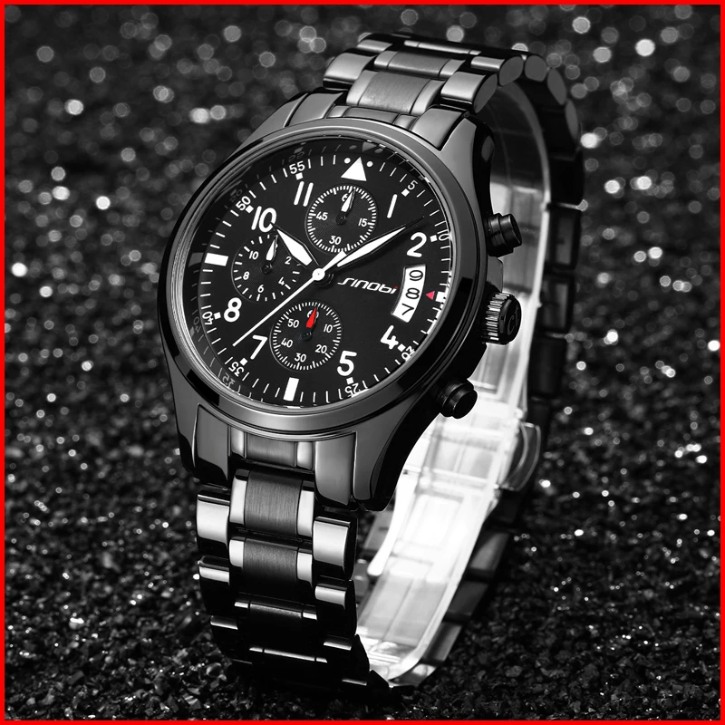 SINOBI Wristwatches Chronograph Men's Watches Date Waterproof Quartz Watch for Male Sports Clock with Full Stainless Steel 2019