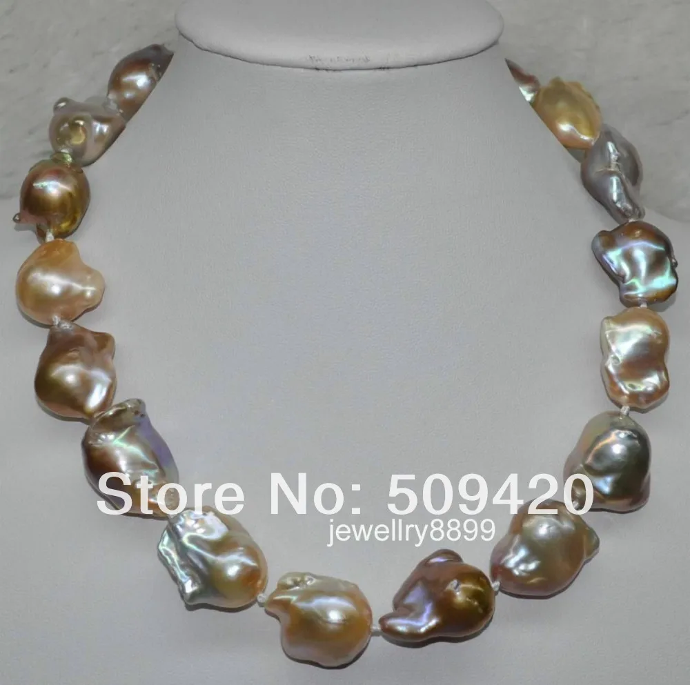 

Free Shipping >>" GORGEOUS! Natural Rainbow Multicolor 19*22mm Baroque kasumi Pearl Necklace