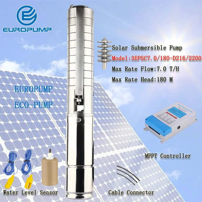 

EUROPUMP MODEL(3EPSC7.0/180-D216/2200) 3inc 3HP High flow rate Solar Power Submersible Pump/Solar Water Pump/Solar Borehole 180M