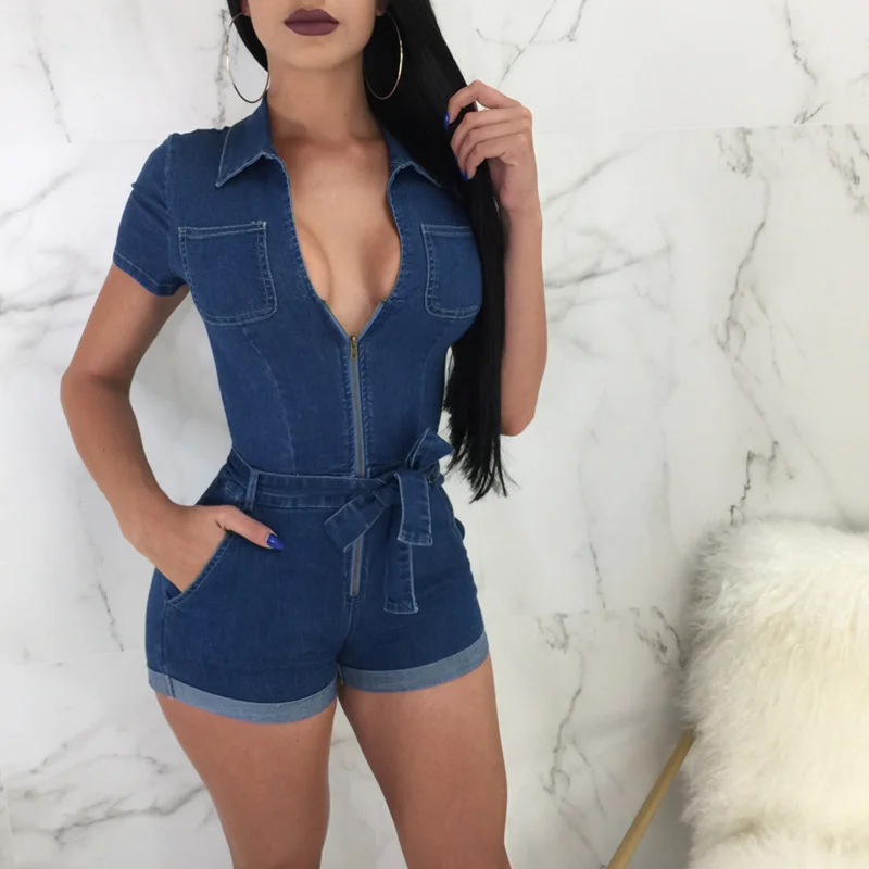 zip up denim romper