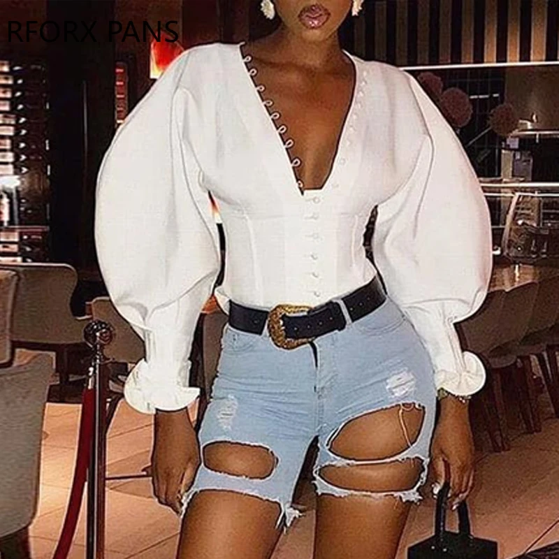 

Lantern Sleeve Tight Waist Buttoned Blouse