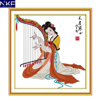 

NKF Wen-Jun Playing The Harp Counted Cross Stitch Sets DIY Kits Embroidery Chinese Stampede Cross Stitch Patterns for Home Decor