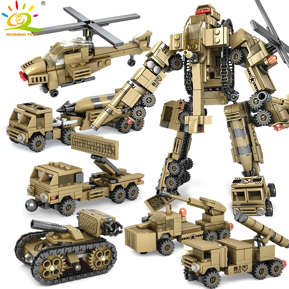 

545PCS 6in1 Military Weapon Robot Building Blocks Compatible Army Truck Tank helicopter bricks set Toys For Children